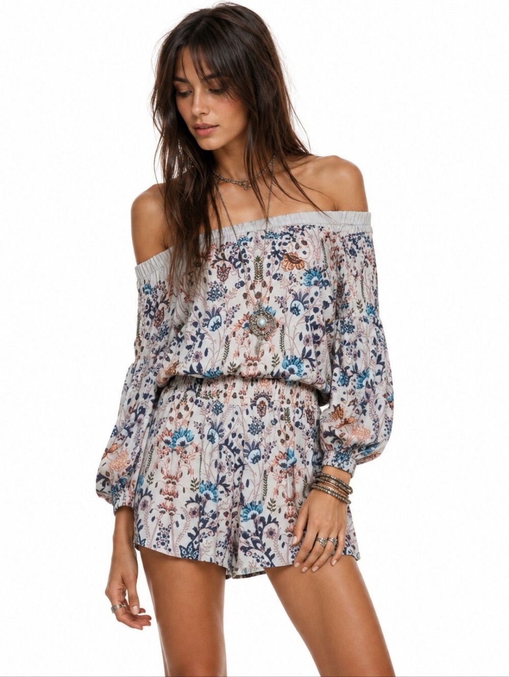 Free People Floral Boho Festival Off Shoulder Rayon Romper Size Medium